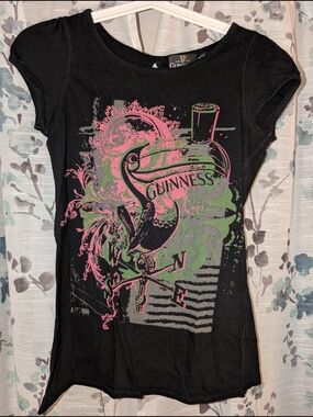 Guinness Black Short Sleeve Tee with Pink & Green Graphic